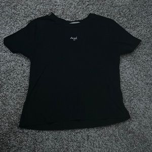 Black crop top but not to cropped with the Word “Angel” In center in white Color